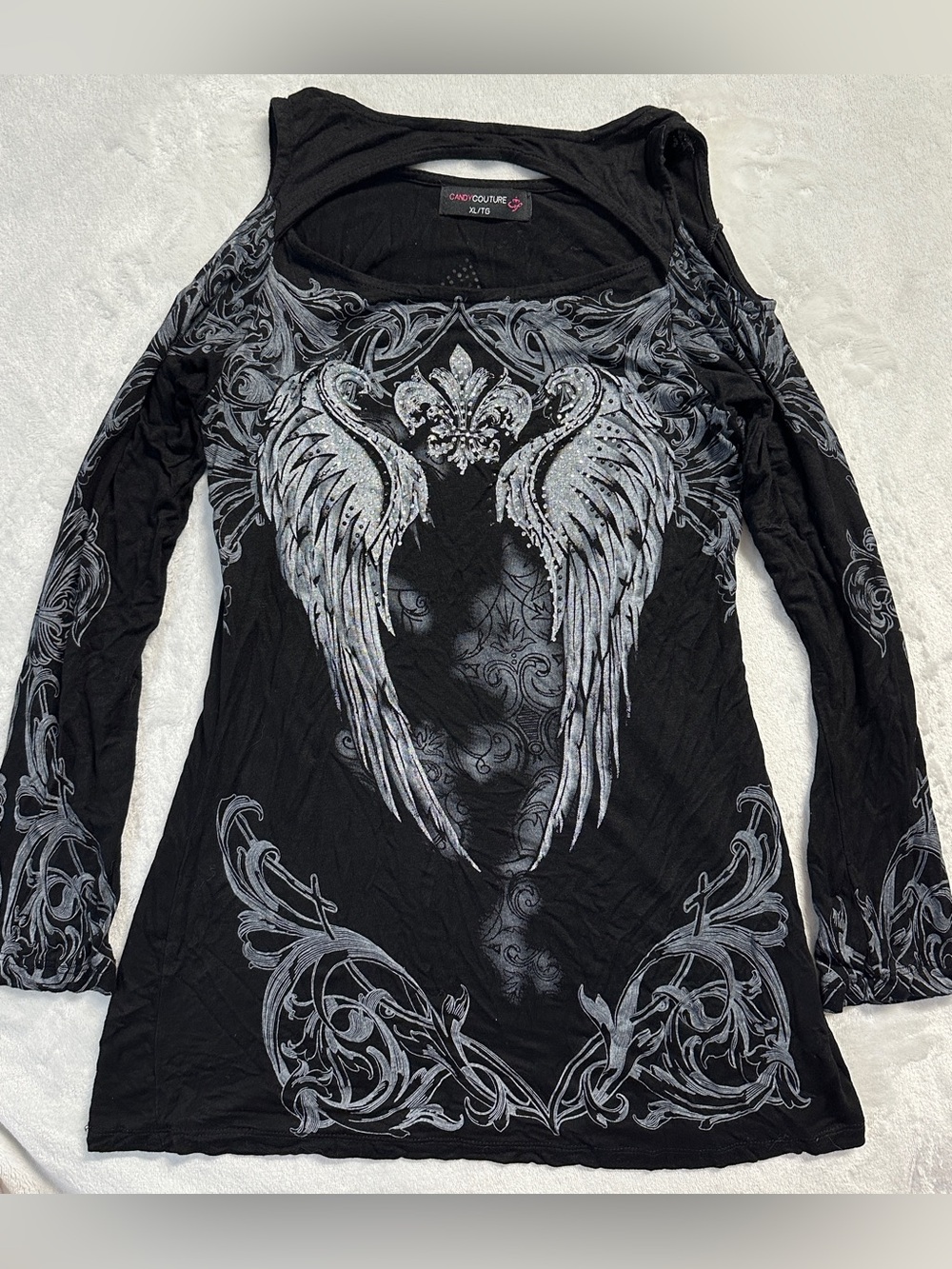 Y2K CANDY COUTURE women's black silver punk fleur de lis off shoulder top, S-M - Picture 2 of 5